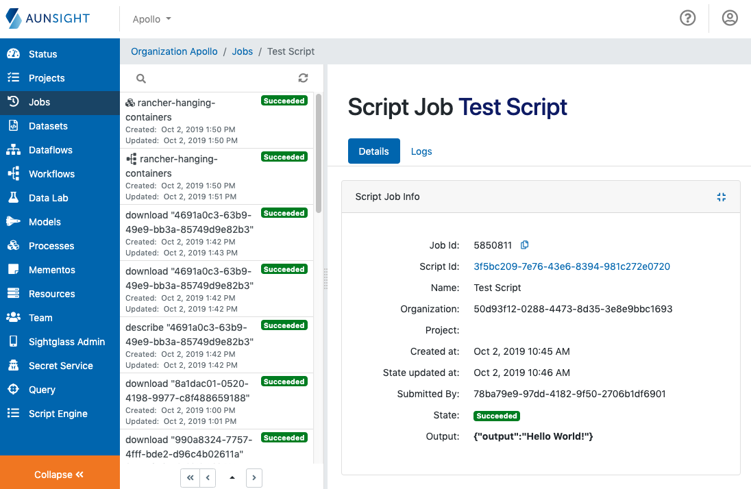 Jobs Worskpace showing details of an AuQL script executed successfully