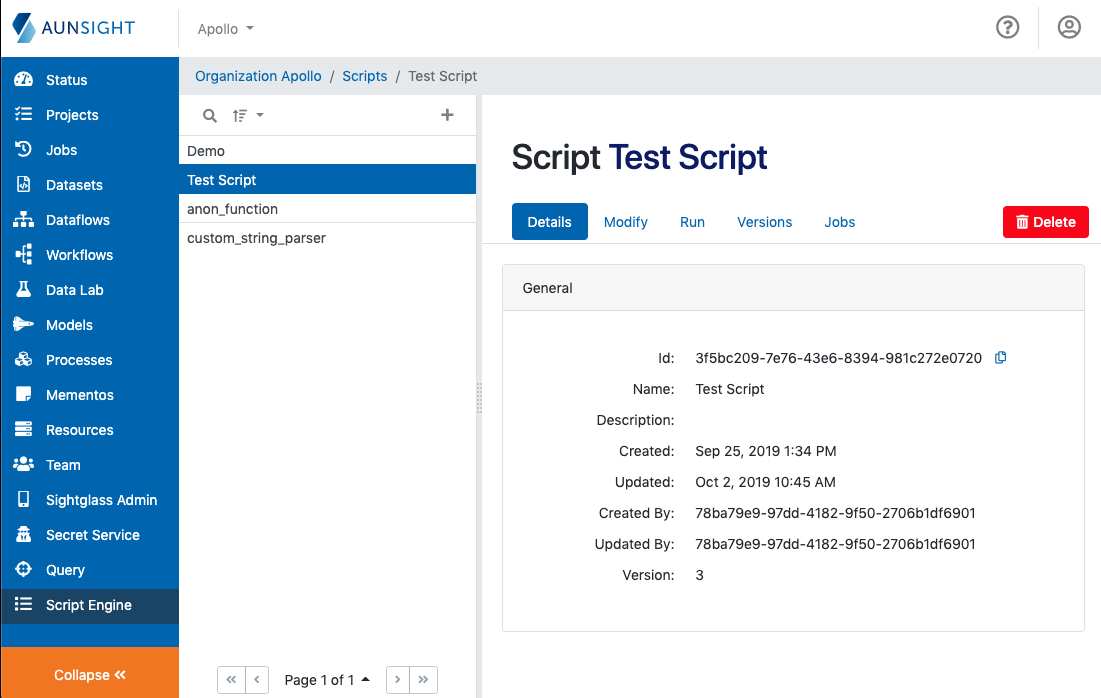 Script Engine showing a script selected