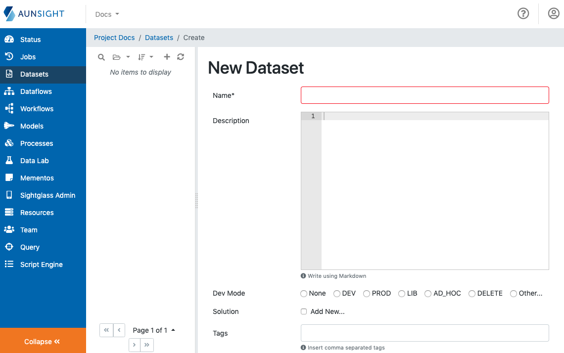 new dataset creation dialog