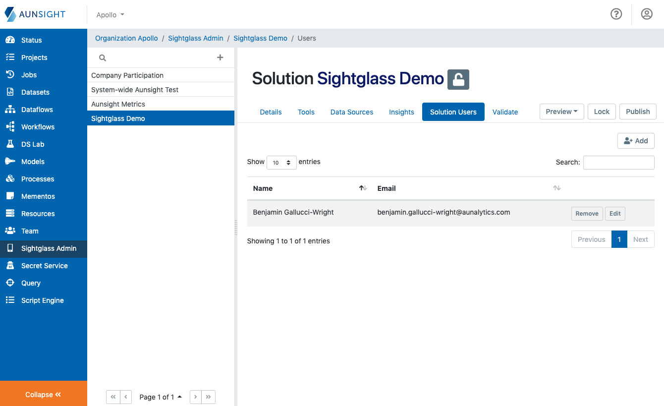 Sightglass solution users screencap
