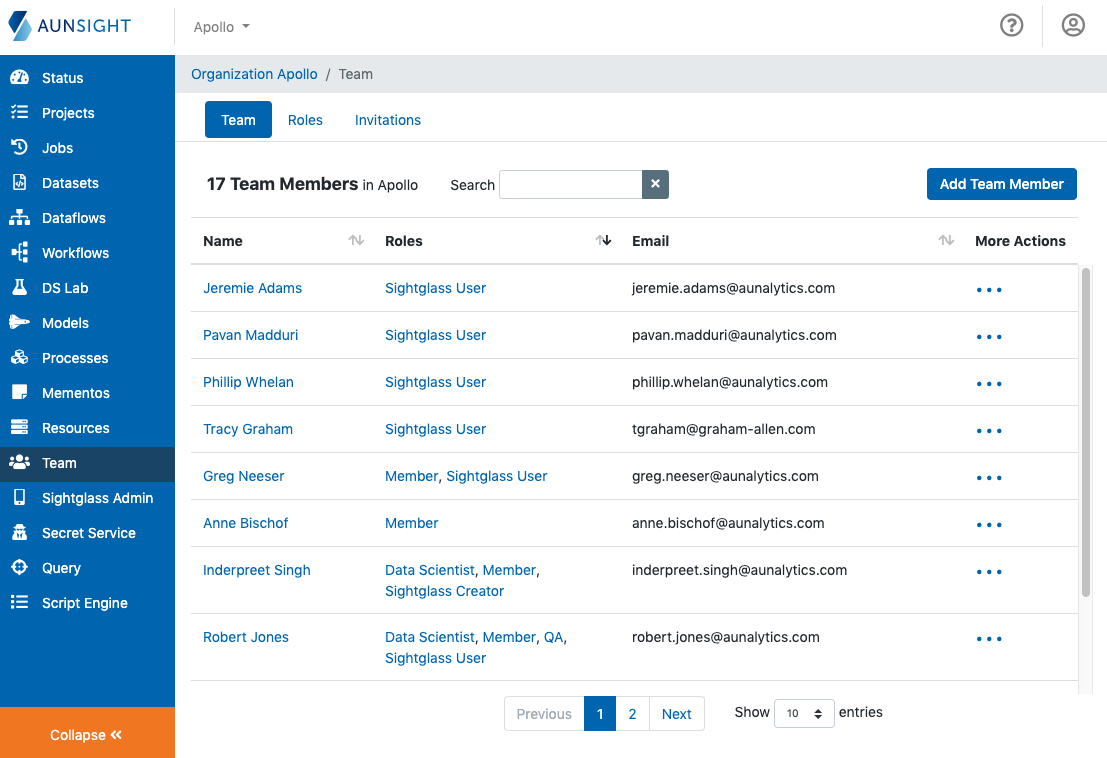 Team management tab